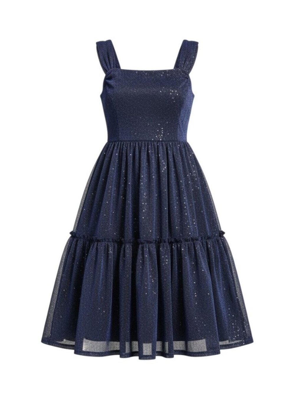 Ivy City Co. Womens Navy Midi Glitter Dress Tiered Skirt Square Neckline NWT 12